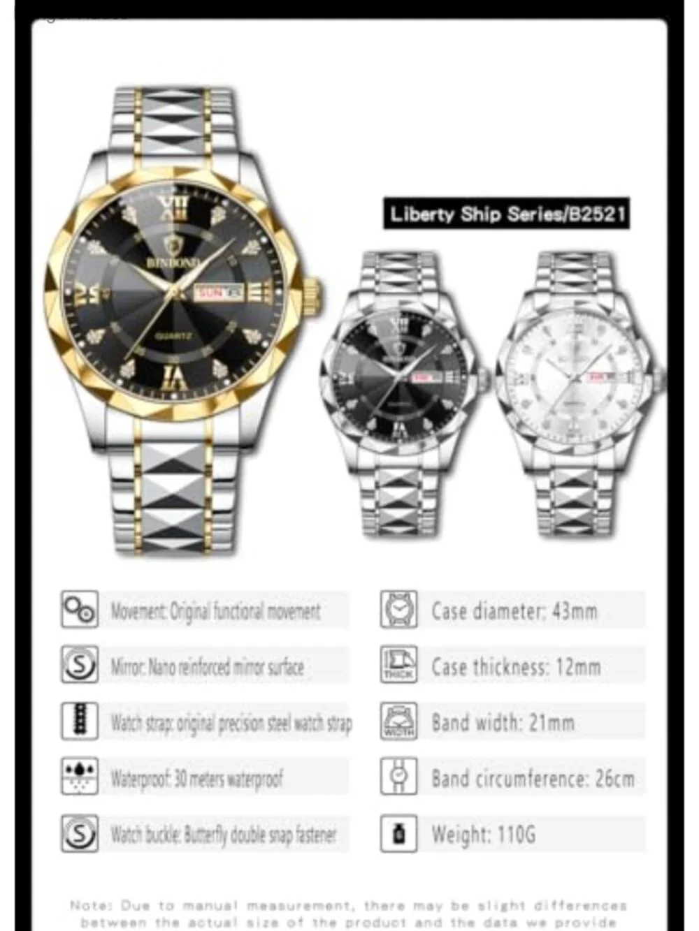 Men's Business Diamond Stainless Steel Quartz Watch Day-Date Calendar Roman